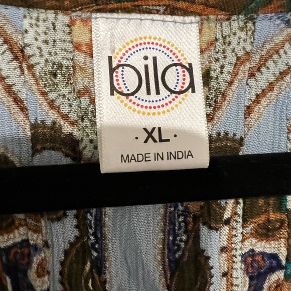 Bila Womens Teal Boho Cold Shoulder Crinkle Blouse with Paisley Print size XL - Picture 4 of 15